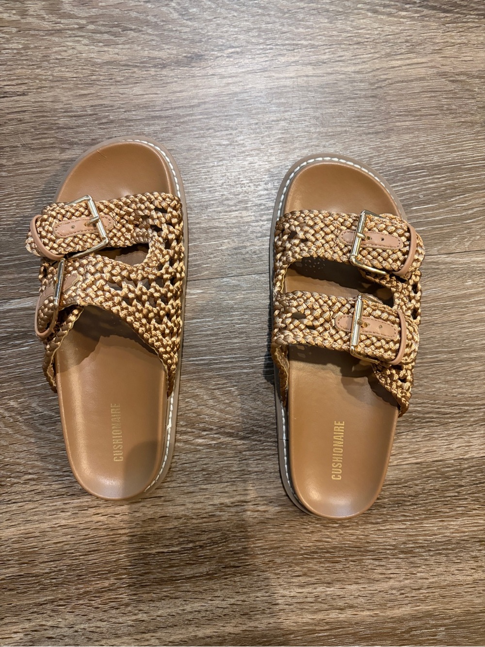 Woven Double-Buckle Slide Sandals - Tan